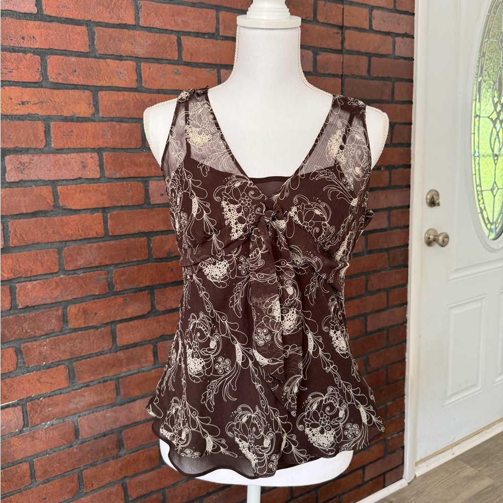 Ann Taylor LOFT Brown Sheer‎ Floral Tie Front Sleeveless Top Size 8